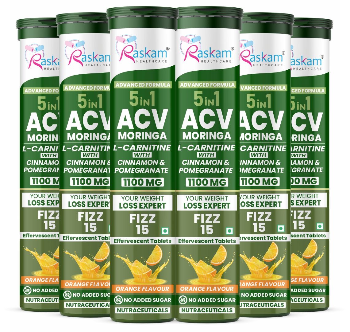Raskam ACV Moringa 5 in 1 formula Effervescent Tablets Helps To Turn Fat Into Energy | With Carnitine, Pomegranate & Cinnamon | Supports Fat Burn | Weight Loss Drink for Women, Men | No Added Sugar | Orange Flavor | 15 Fizz Tablets (1100mg)