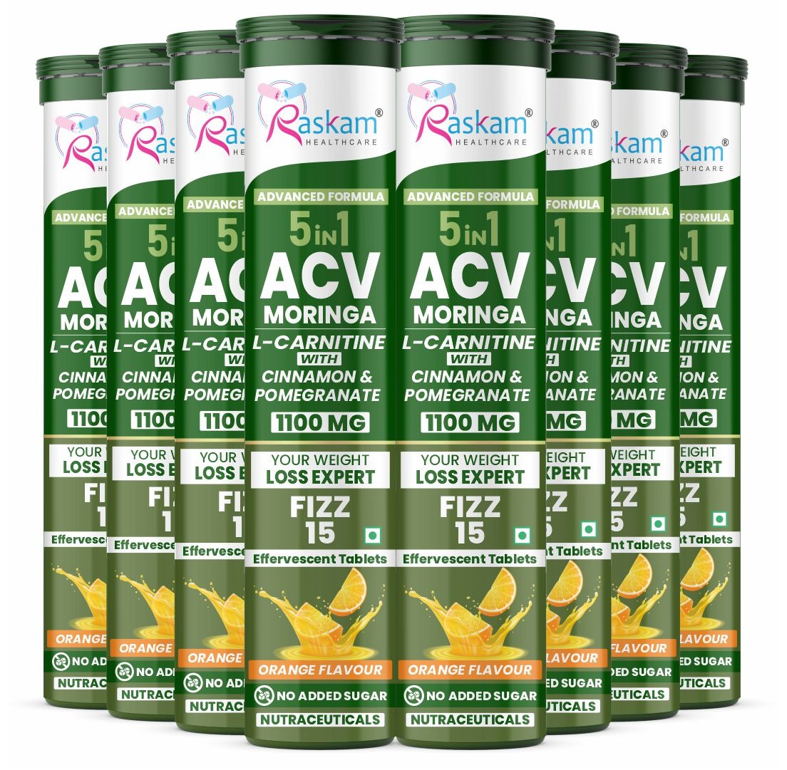 Raskam ACV Moringa 5 in 1 formula Effervescent Tablets Helps To Turn Fat Into Energy | With Carnitine, Pomegranate & Cinnamon | Supports Fat Burn | Weight Loss Drink for Women, Men | No Added Sugar | Orange Flavor | 15 Fizz Tablets (1100mg)