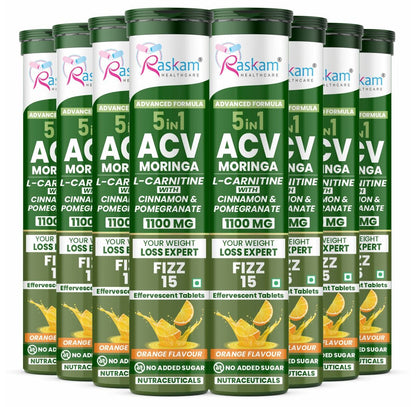 Raskam ACV Moringa 5 in 1 formula Effervescent Tablets Helps To Turn Fat Into Energy | With Carnitine, Pomegranate & Cinnamon | Supports Fat Burn | Weight Loss Drink for Women, Men | No Added Sugar | Orange Flavor | 15 Fizz Tablets (1100mg)