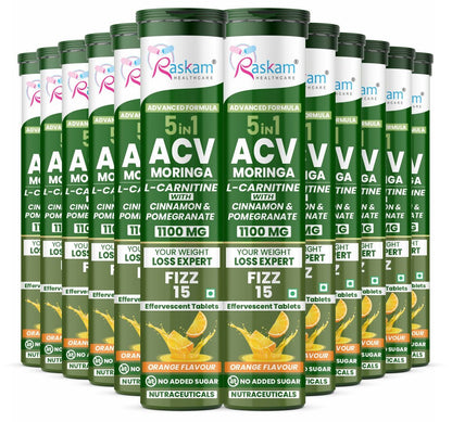 Raskam ACV Moringa 5 in 1 formula Effervescent Tablets Helps To Turn Fat Into Energy | With Carnitine, Pomegranate & Cinnamon | Supports Fat Burn | Weight Loss Drink for Women, Men | No Added Sugar | Orange Flavor | 15 Fizz Tablets (1100mg)