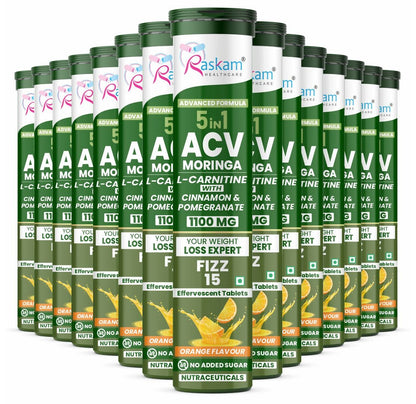 Raskam ACV Moringa 5 in 1 formula Effervescent Tablets Helps To Turn Fat Into Energy | With Carnitine, Pomegranate & Cinnamon | Supports Fat Burn | Weight Loss Drink for Women, Men | No Added Sugar | Orange Flavor | 15 Fizz Tablets (1100mg)