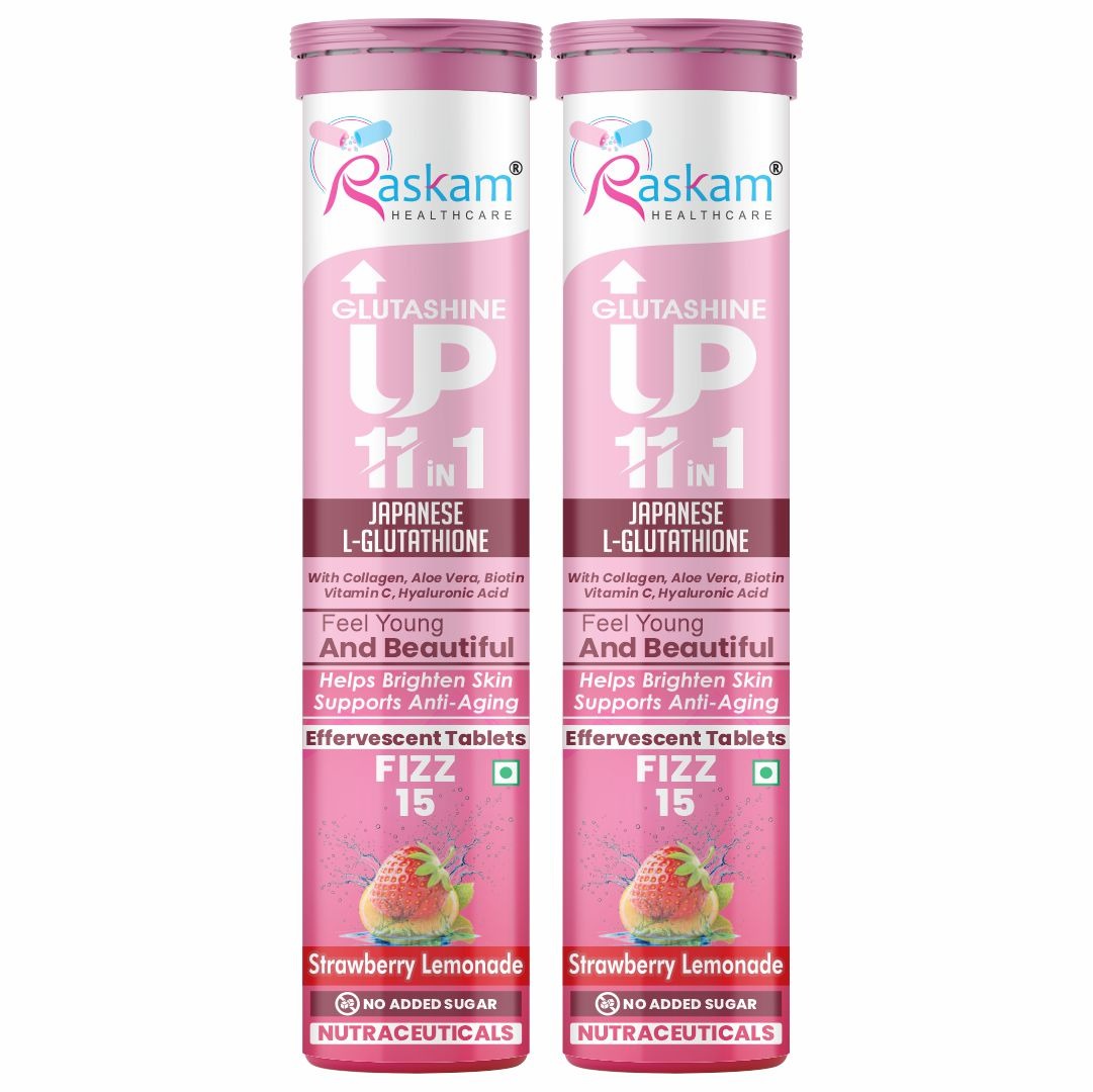 Raskam Glutashine Up 11 In 1 |Japanese L-Glutathione With Collagen | Aloe vera| Biotin | Vitamin-C | Hyaluronic Acid For Skin Glow & Hydration | 15 Fizz Tablets | In Strawberry Lemonade Flavor