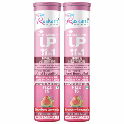 Raskam Glutashine Up 11 In 1 |Japanese L-Glutathione With Collagen | Aloe vera| Biotin | Vitamin-C | Hyaluronic Acid For Skin Glow & Hydration | 15 Fizz Tablets | In Strawberry Lemonade Flavor
