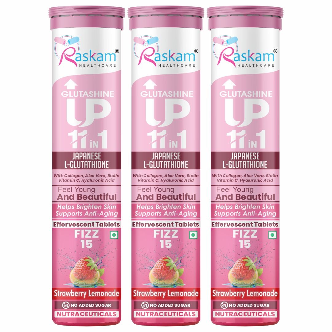 Raskam Glutashine Up 11 In 1 |Japanese L-Glutathione With Collagen | Aloe vera| Biotin | Vitamin-C | Hyaluronic Acid For Skin Glow & Hydration | 15 Fizz Tablets | In Strawberry Lemonade Flavor