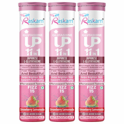 Raskam Glutashine Up 11 In 1 |Japanese L-Glutathione With Collagen | Aloe vera| Biotin | Vitamin-C | Hyaluronic Acid For Skin Glow & Hydration | 15 Fizz Tablets | In Strawberry Lemonade Flavor