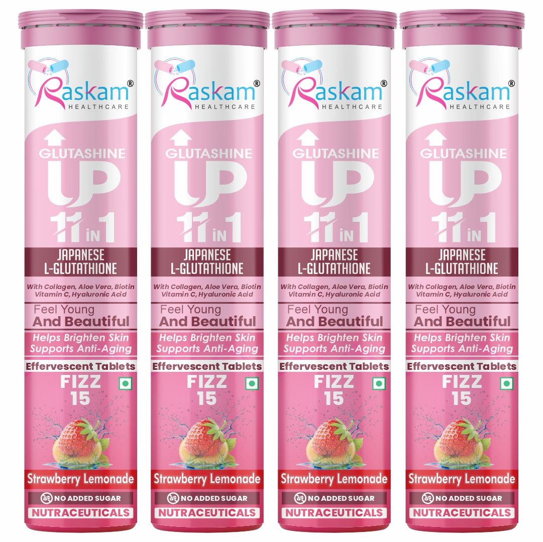 Raskam Glutashine Up 11 In 1 |Japanese L-Glutathione With Collagen | Aloe vera| Biotin | Vitamin-C | Hyaluronic Acid For Skin Glow & Hydration | 15 Fizz Tablets | In Strawberry Lemonade Flavor