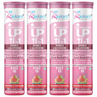 Raskam Glutashine Up 11 In 1 |Japanese L-Glutathione With Collagen | Aloe vera| Biotin | Vitamin-C | Hyaluronic Acid For Skin Glow & Hydration | 15 Fizz Tablets | In Strawberry Lemonade Flavor