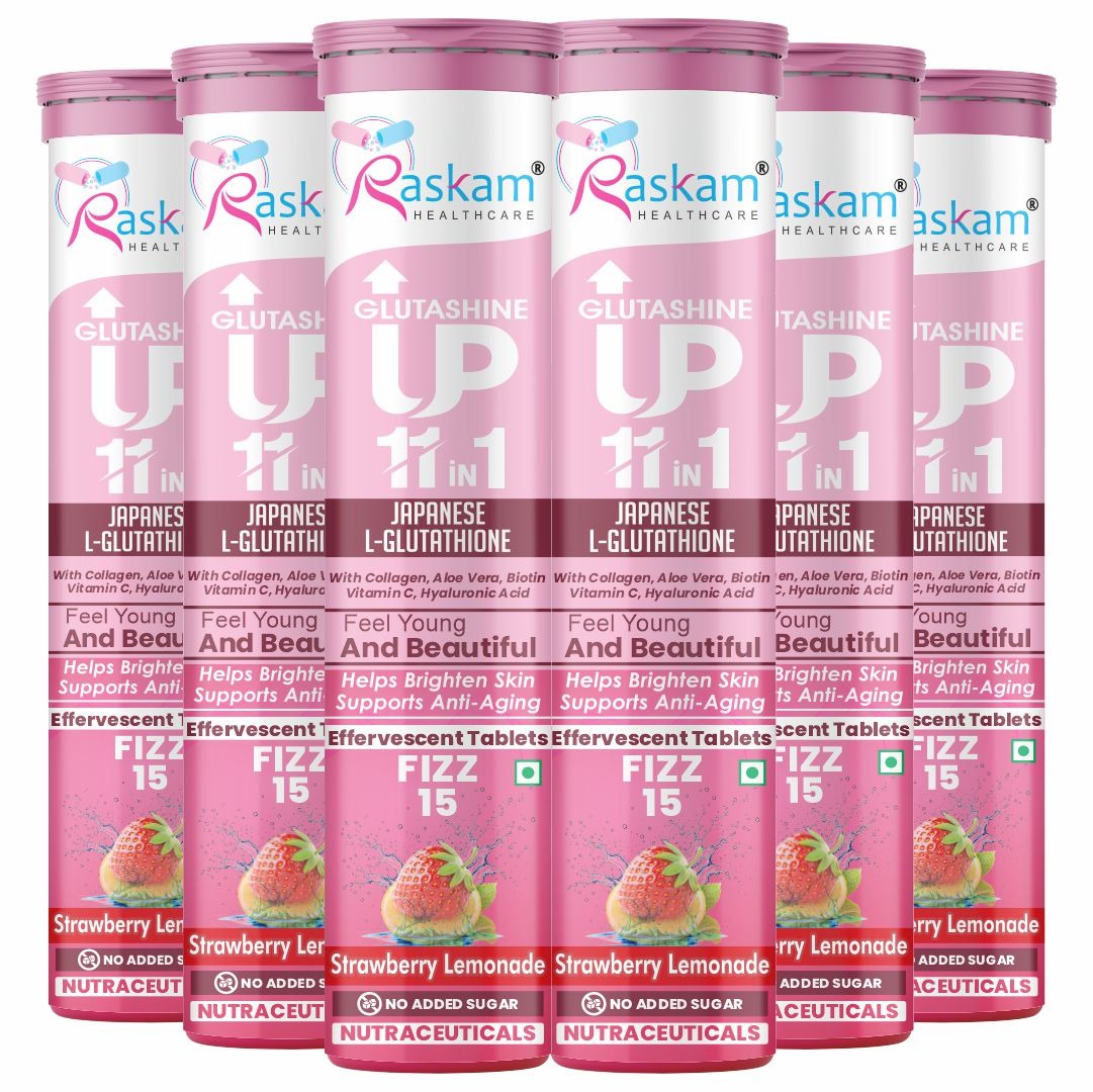 Raskam Glutashine Up 11 In 1 |Japanese L-Glutathione With Collagen | Aloe vera| Biotin | Vitamin-C | Hyaluronic Acid For Skin Glow & Hydration | 15 Fizz Tablets | In Strawberry Lemonade Flavor
