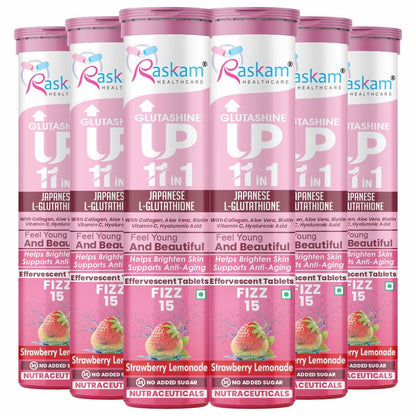 Raskam Glutashine Up 11 In 1 |Japanese L-Glutathione With Collagen | Aloe vera| Biotin | Vitamin-C | Hyaluronic Acid For Skin Glow & Hydration | 15 Fizz Tablets | In Strawberry Lemonade Flavor