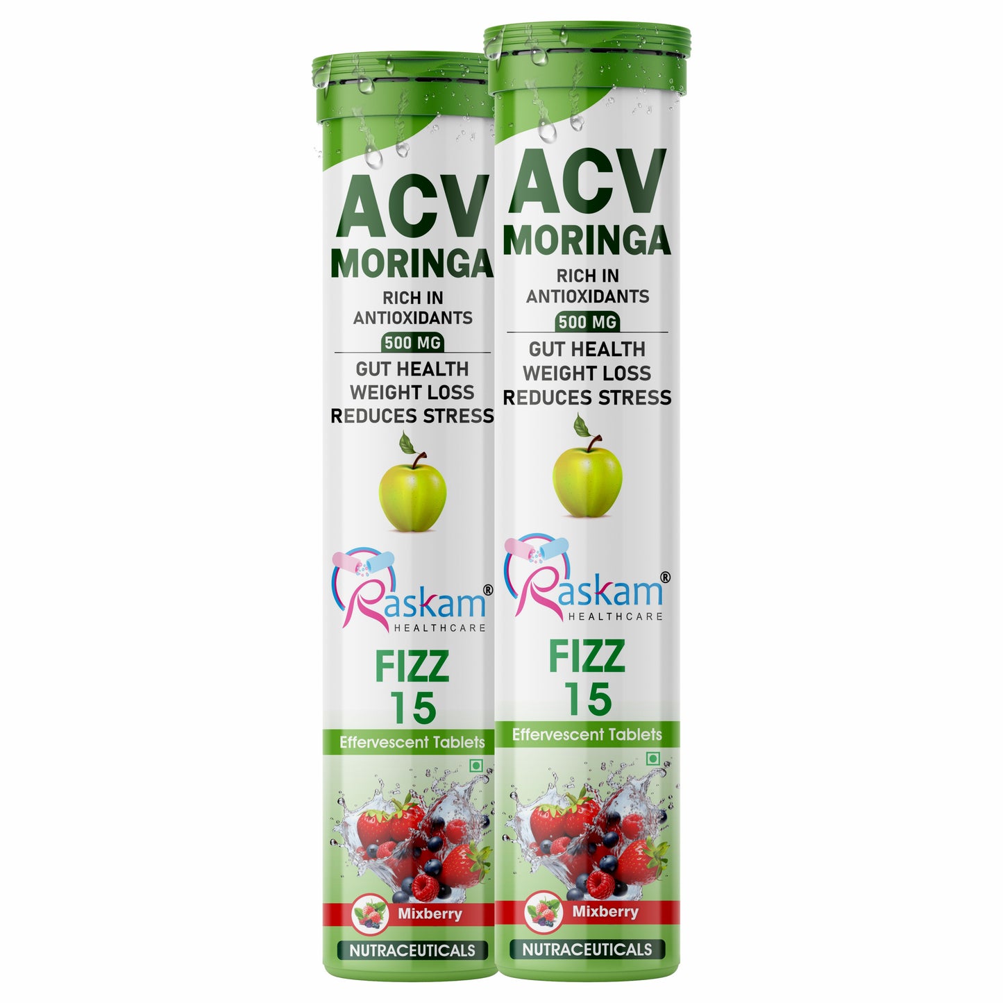 Raskam Apple Cider Vinegar (ACV) Moringa | Master Your Appetite & Boost Immunity | Natural Energy with Antioxidants | No Added Sugar | Mixberry Flavor | 15 Fizz Tablets (500mg)