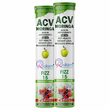 Raskam Apple Cider Vinegar (ACV) Moringa | Master Your Appetite & Boost Immunity | Natural Energy with Antioxidants | No Added Sugar | Mixberry Flavor | 15 Fizz Tablets (500mg)