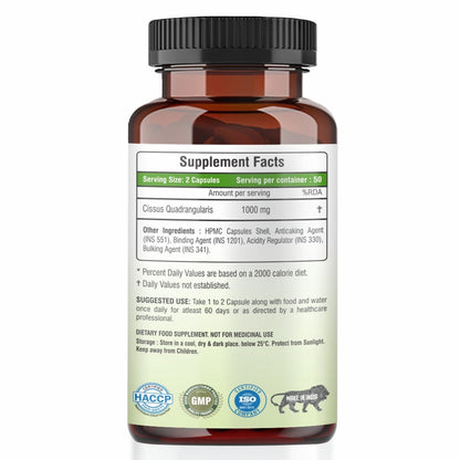 Raskam Cissus Quadrangularis Extract 1000mg - 100 Veg Capsules- Bone & Joint Wellness