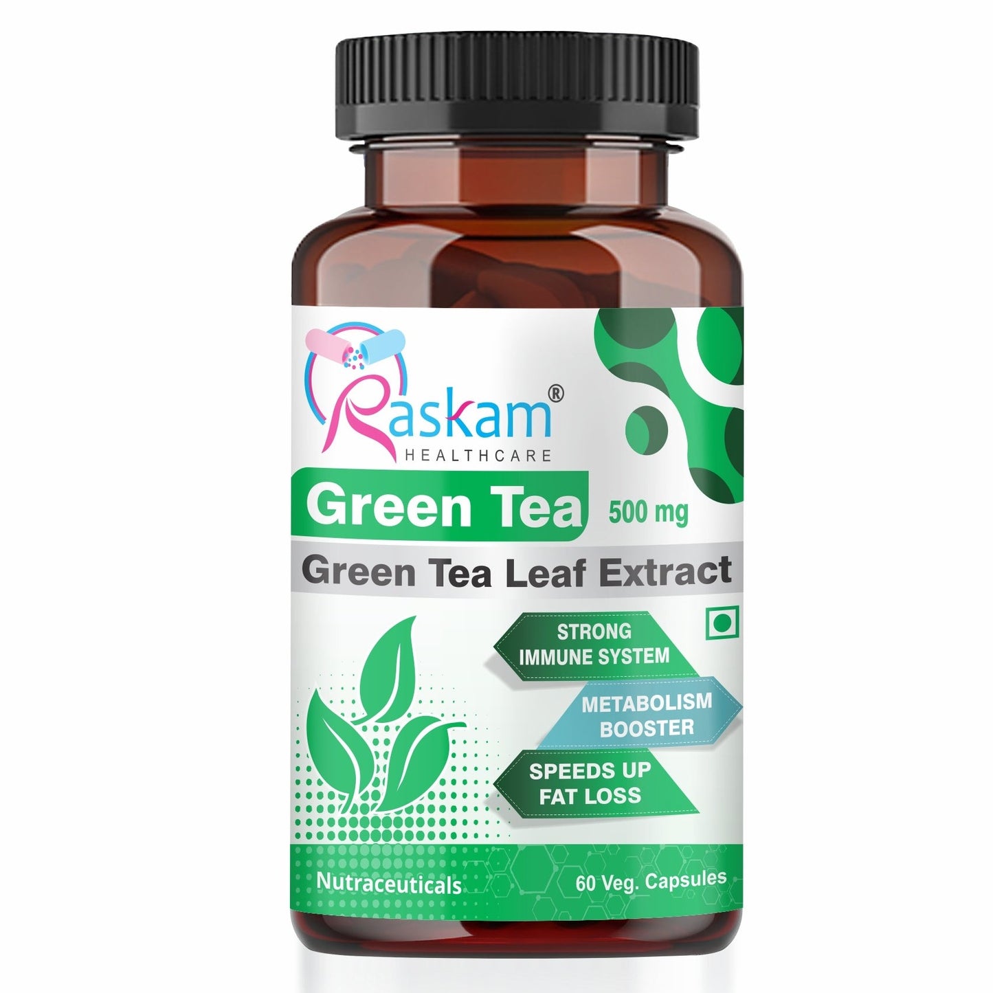 Raskam Green Tea Extract 500mg -60 Capsules with  90% Polyphenols & 45% EGCG- Weight Loss (Fat Burner) & Antioxidant